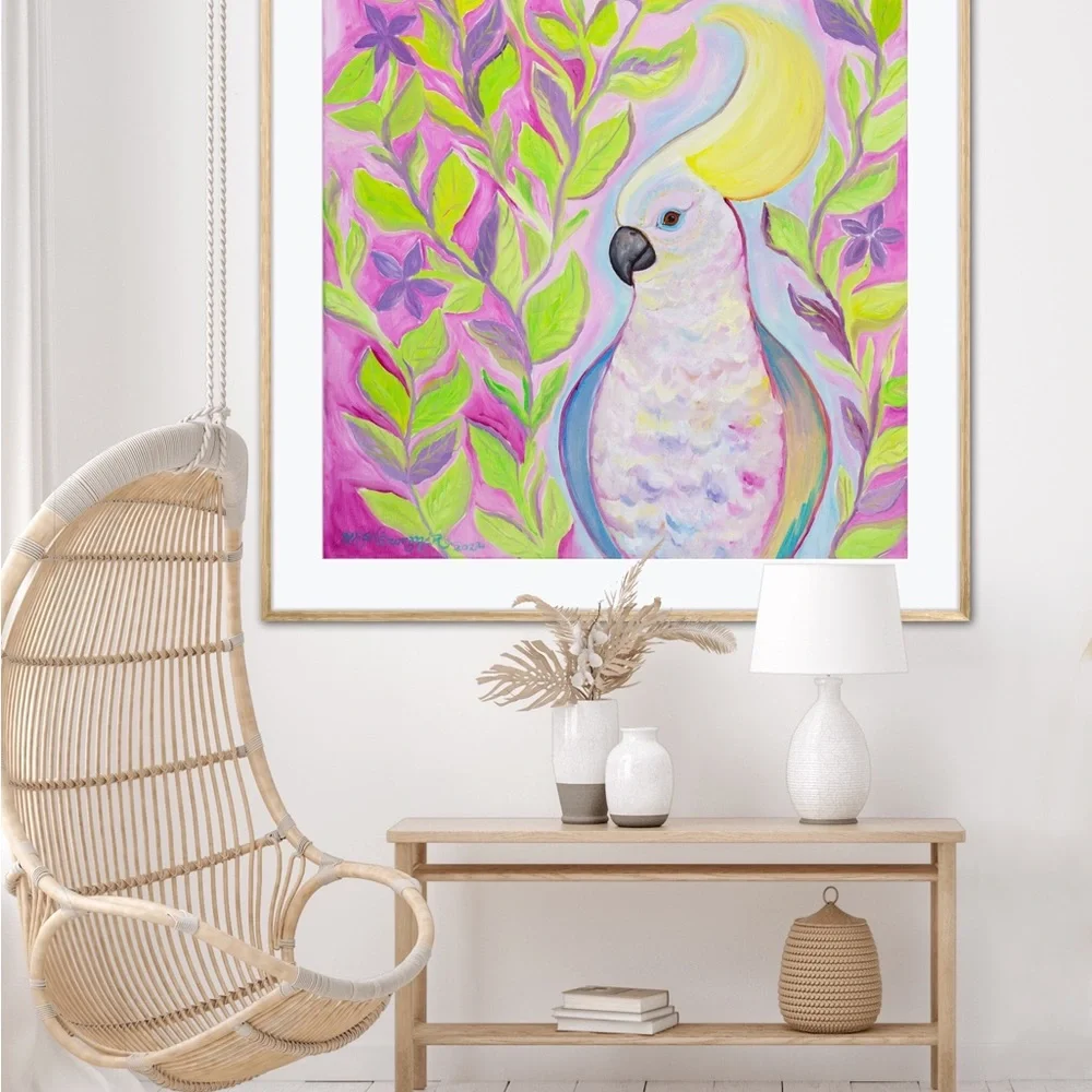 Cockatoo Hairdo Art Print Oil Painting tropical bird plants flowers whimsical - Picture 4 of 10